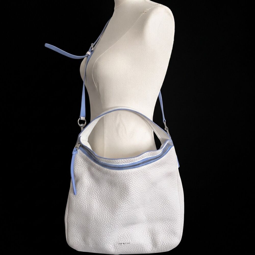 Coach Bleecker EdgePaint Sullivan Hobo Bag 31624 White Pebbled Leather Blue Trim